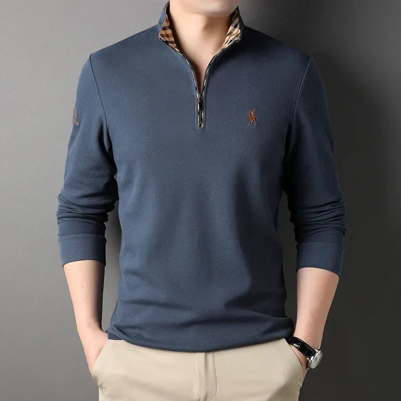 Luxury new Half Zipper Long Sleeve T-shirt 100% Cotton Brand Embroidered Stand Collar Men's Clothing Autumn Casual polo shirt