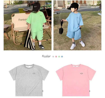 Summer Casual Boys Cotton Loose Alphabet T-shirt Tops+Short Pants Set School Kids Tracksuit Children 2-Piece Outfit Suit 2-14Yrs