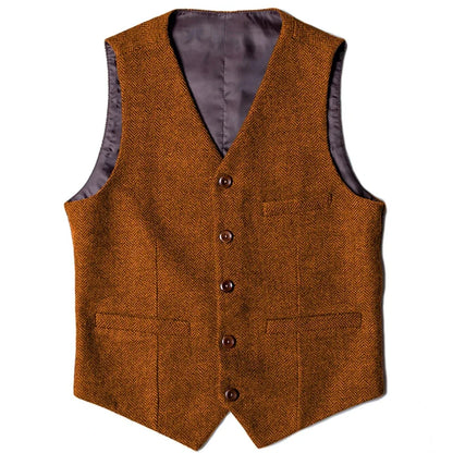 Men Vest Brown Herringbone Single Button V Neck Waistcoat For Wedding Party Banquet Business Work Daily Casual Men Suit Vest