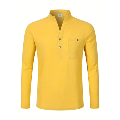 Men Mandarin Collar Long Sleeve Henley Cotton Linen Shirt Chest Pocket Breathable Beach Travel Daily Casual V Neck Top