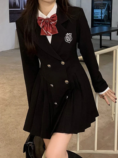 Sweet Style Suit Dress Korean Drama Main Character Waist Cinched Beautiful  Skirt College Style High Waist Double Breaste...