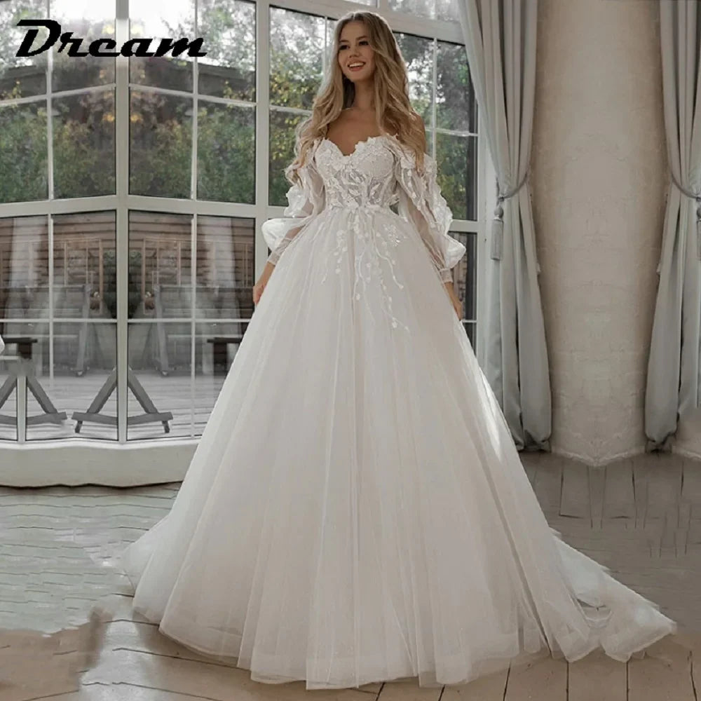 Customized Off Shoulder Lace Glitter Wedding Dresses Long Puff Sleeve 3D Flowers Boho Bride Gown 2026 Vestidos De Novia