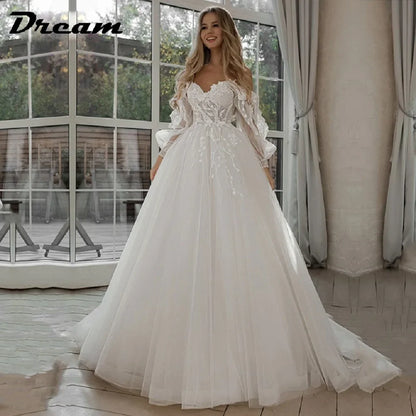 Customized Off Shoulder Lace Glitter Wedding Dresses Long Puff Sleeve 3D Flowers Boho Bride Gown 2026 Vestidos De Novia