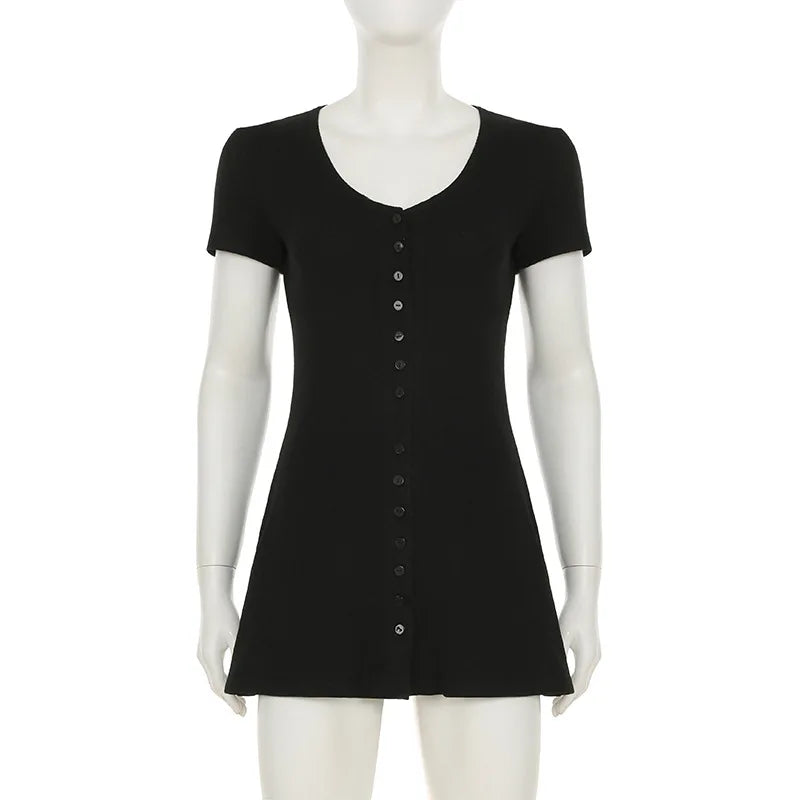 Summer Novelty Elegant Knitted Strapless Mini Dress For Women Short Sleeve V-Neck And Buttons Dresses Women's Street Clothing Ne