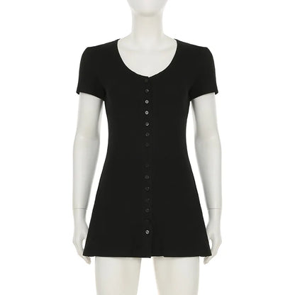 Summer Novelty Elegant Knitted Strapless Mini Dress For Women Short Sleeve V-Neck And Buttons Dresses Women's Street Clothing Ne