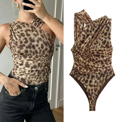 2025 Woman Body Leopard Print Mesh Sleeveless Bodysuit Women Summer Tulle Off Shoulder Tight Bodysuit Lingerie Sexy Body