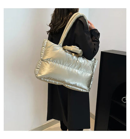 Fashion Large Capacity Puffer Shoulder Bags Padded Women Handbags Casual Nylon Quilted Big Tote Bag Warm Winter Shopper Purses