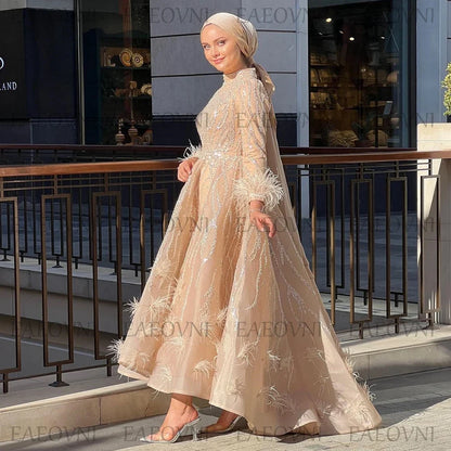 Customized Long Sleeve Feathers High Low Prom Gown Temperament Middle Eastern Dress Lace Evening Muslim Clothing Party Dresses
