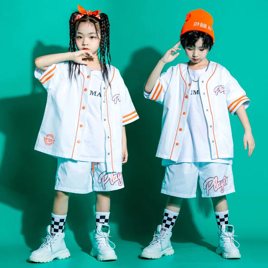 Kid Kpop Hip Hop Clothing Baseball Cardigan Shirt Top White Streetwear Cargo Jogger Pants Shorts for Girl Boy Jazz Dance Costume