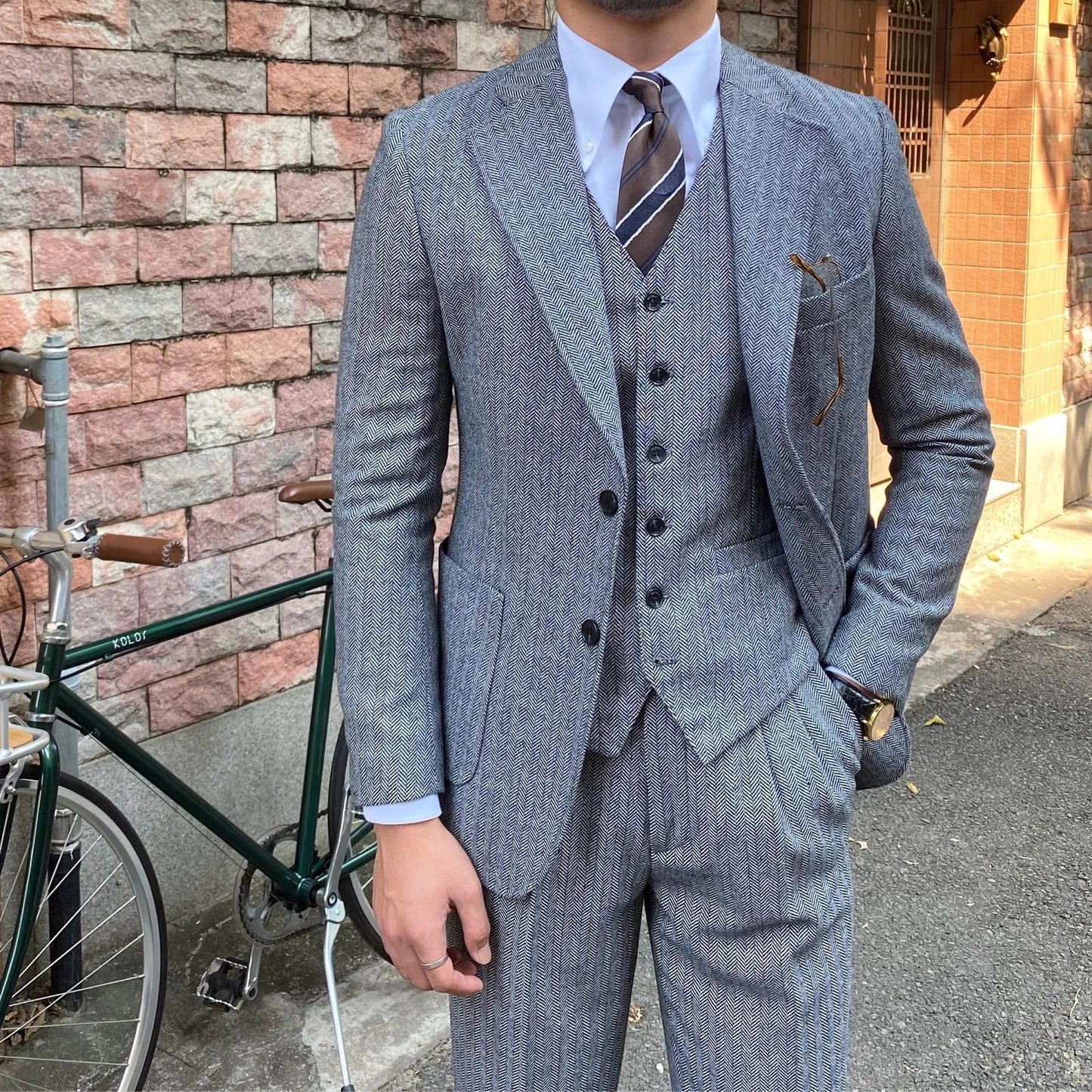 New Retro Herringbone Slim Fit Men's Suit Gentlemen's 3-piece Suit Single Breasted Handsome Autumn Winter Business Casual Formal