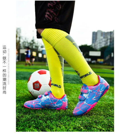 Kids Soccer Shoes HOOK&LOOP Football Sports Shoes Boy Outdoor Non-Slip Training Shoes Child Lightweight Children's Soccer Cleats