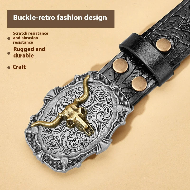 Western Cowboy PU Leather Belt - Men Waist Strap Bull Decoration Floral Engraved for Jeans