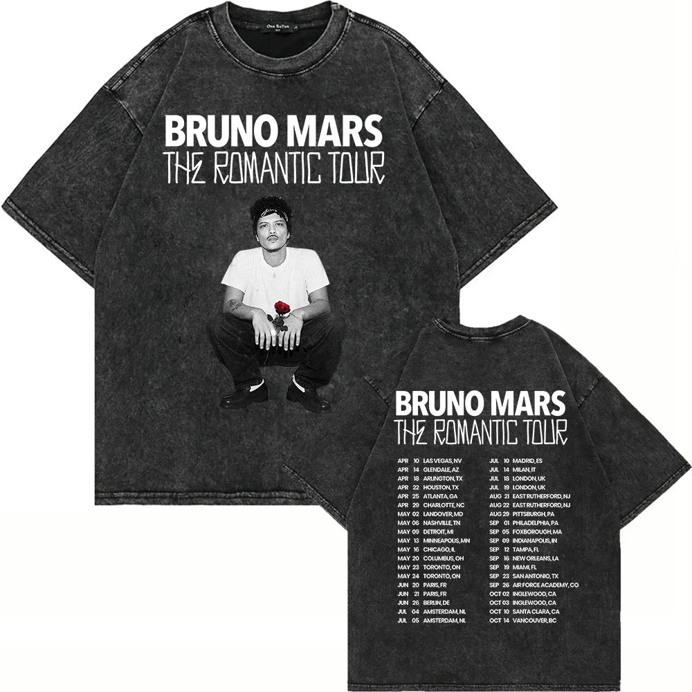100% Cotton Vintage Washed Bruno Mars The Romantic Tour 2026 T Shirt Fashion Men Aesthetic Oversized Loose Acid Wash Tees Shirts
