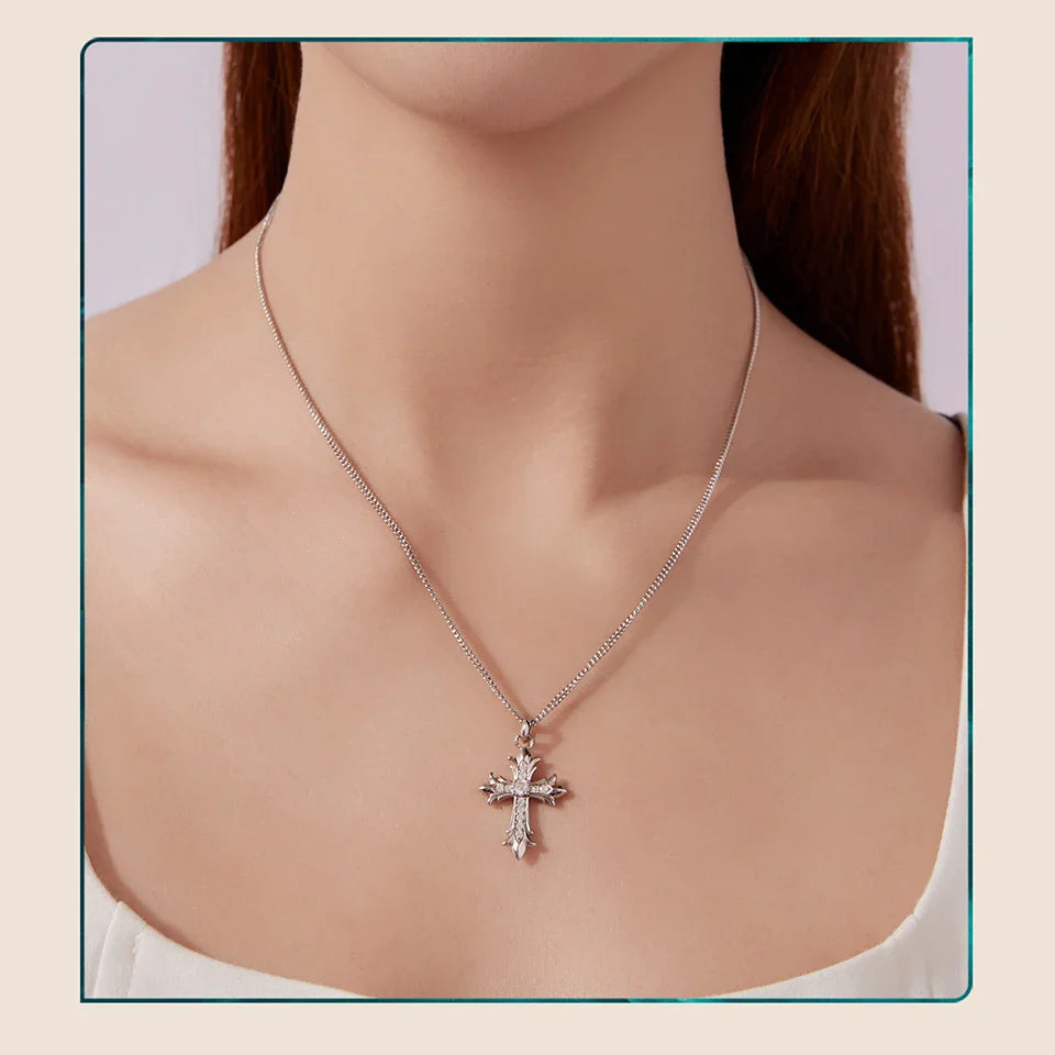Moissanite Cross Pendant Necklace 925 Sterling Silver O-Chain Vintage Arrow Neck Chain for Women Guarding Faith Gift