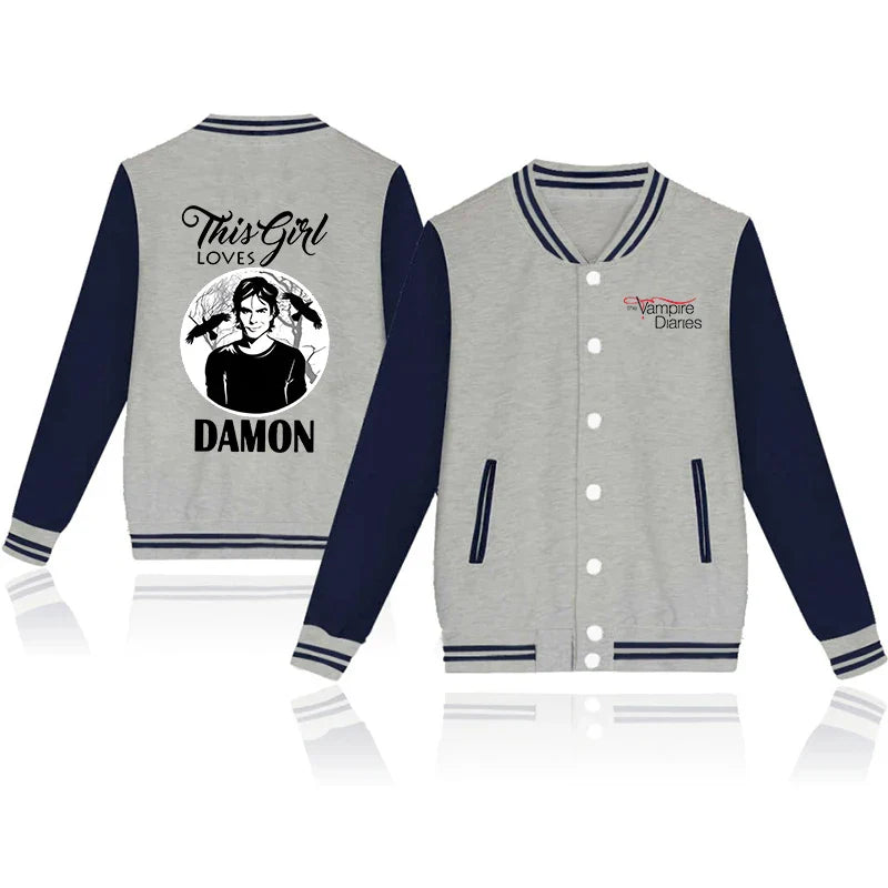 New Hot the Vampire Diary Printing Baseball Uniform Jacket Men Women Y2k Hip Hop Clothing Fleece Warm Sportswear Oversized Coat