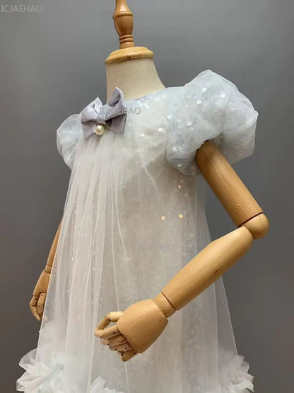 2026 New Summer Dress Girls Sequin Tulle Princess Party Gown Children Pageant Formal Attire Celebration Outfit Elegant Clothes