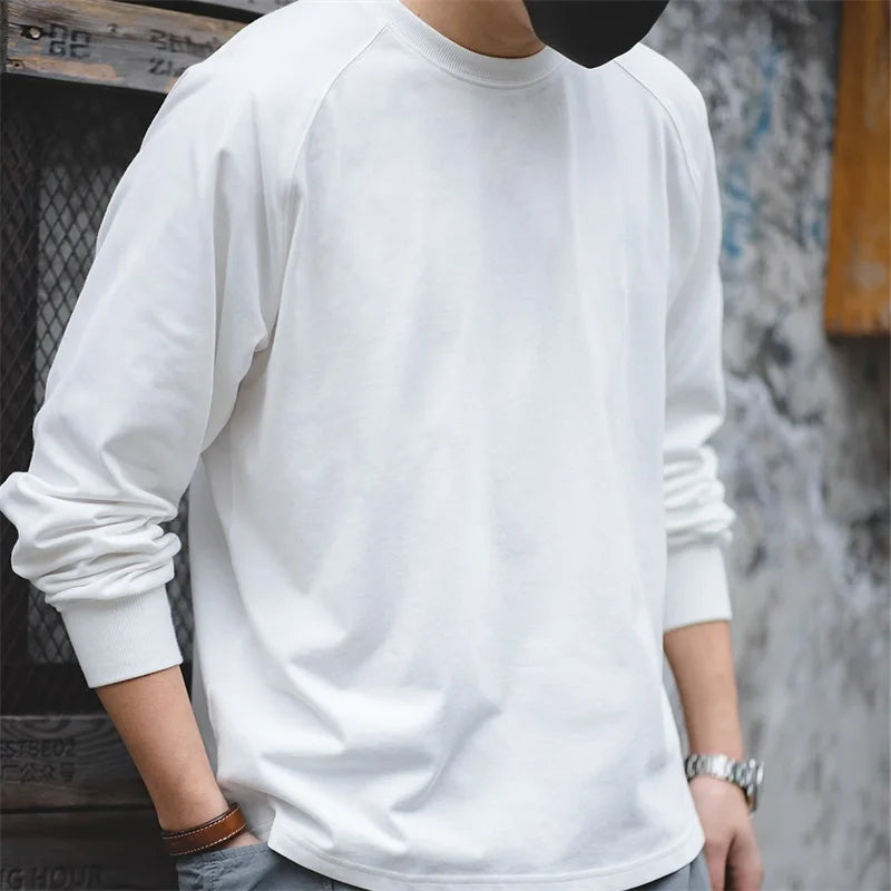 100% Cotton Loose Crew Neck Long Sleeve T-shirts Men's  230g Thin Breathable Tee Shirt Basic Solid Color Oversized Tops