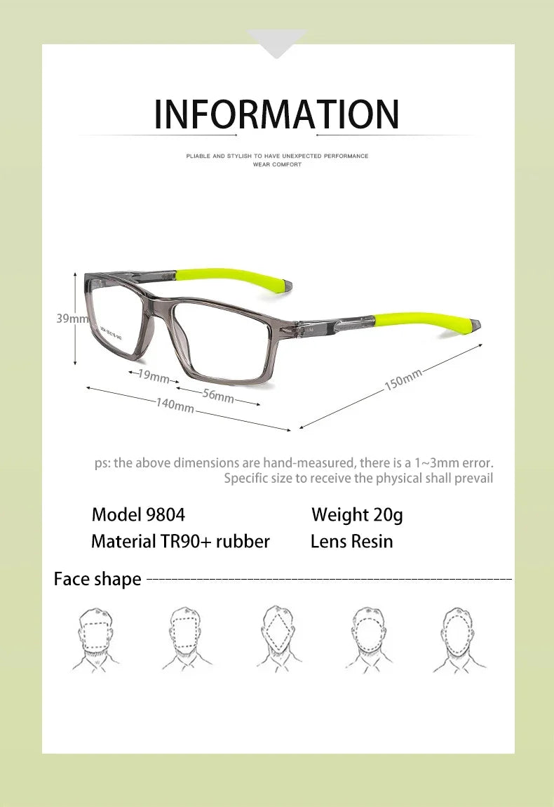 Geometry Sports Men Women Running Anti-dropout Reading Glasses TR90 Prescription Anti Blue Light Myopia Customized 9804