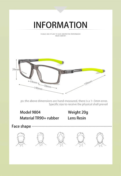 Geometry Sports Men Women Running Anti-dropout Reading Glasses TR90 Prescription Anti Blue Light Myopia Customized 9804