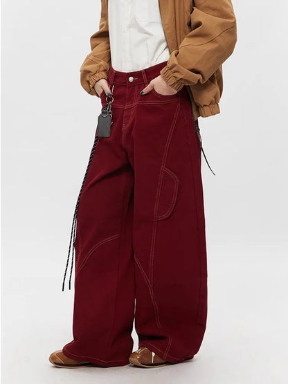 2025 Cyber Y2K Fashion Red Patchwork Baggy Cargo Jeans Pants For Men Designer Clothes Wide Leg Women Denim Trousers Ropa Hombre