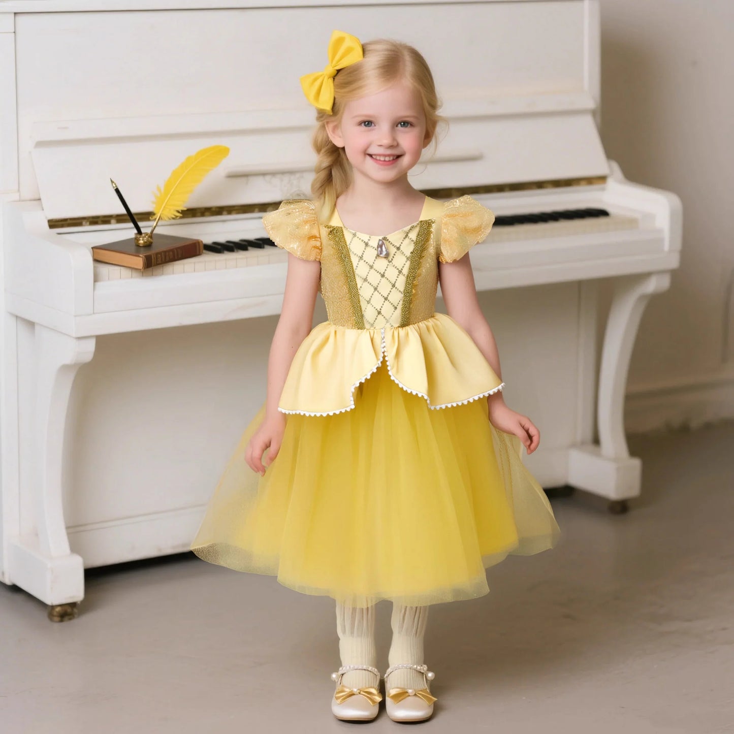 Beauty Beast Halloween Girl Princess Belle Costume Christmas Festive Evening Party Fancy Fairy Yellow Shoulderless Long Dresses