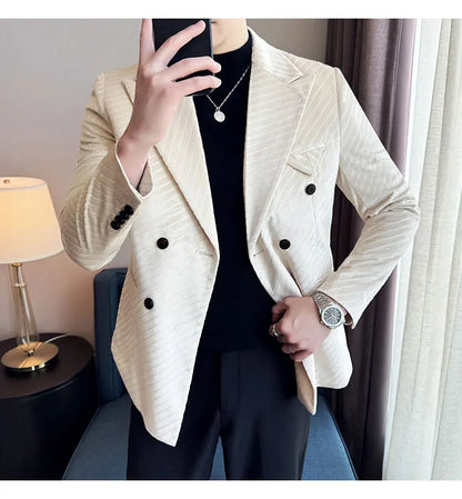 Autumn Winter New Velvet Suit Jacket Men Double-Breasted Striped Slim Fit Casual Coats High Quality Formal Business Tailcoat