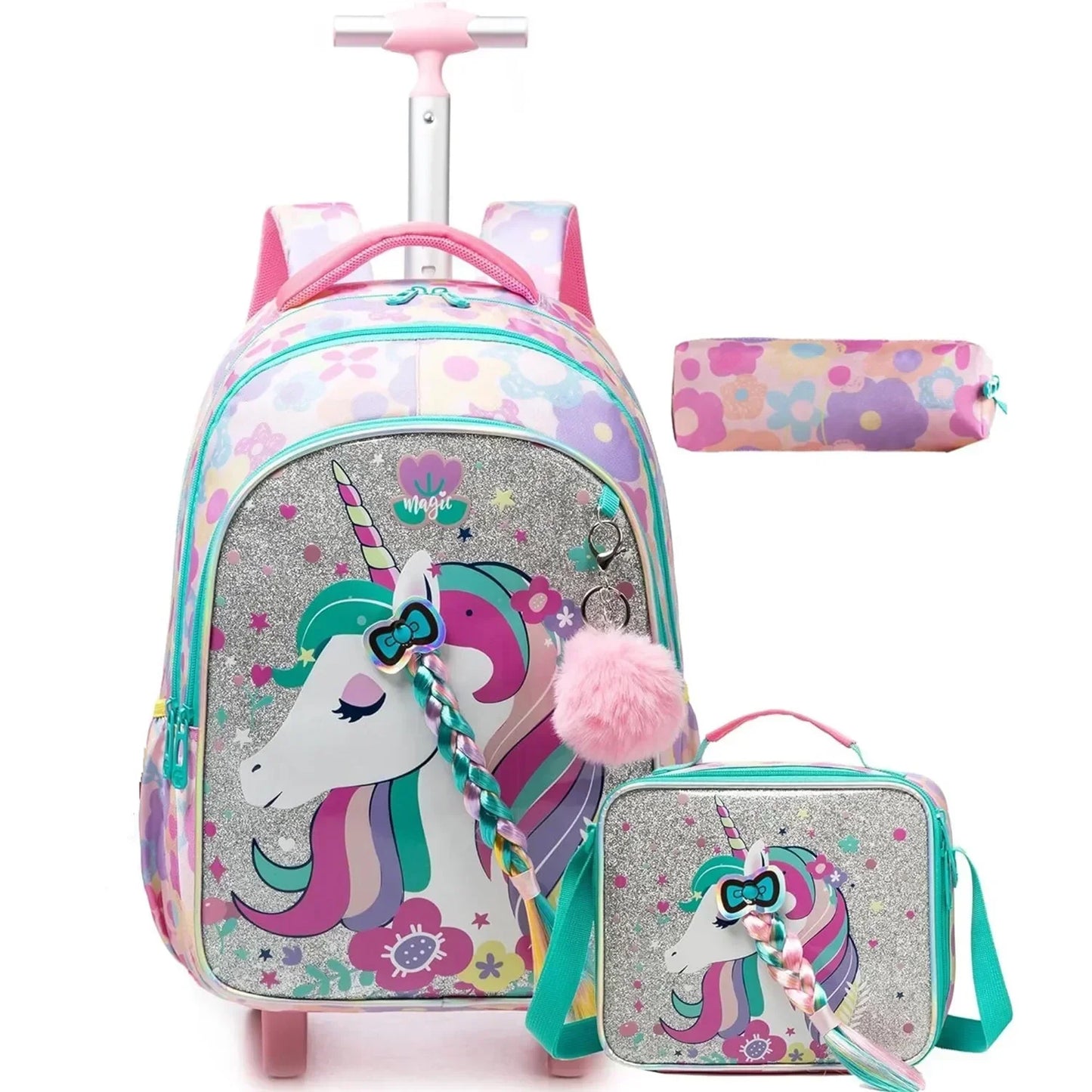 Children's Wheeled Backpack Bag Set with Lunch Box School Rolling Backpack Bag with Wheels School Trolley Backpack Bag for Girls