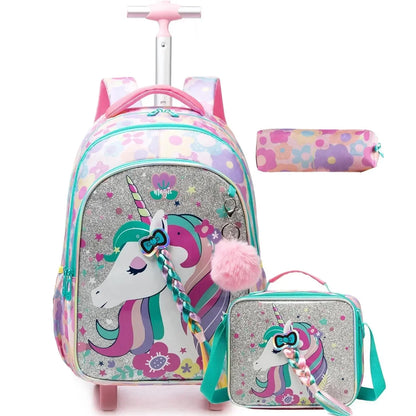 Children's Wheeled Backpack Bag Set with Lunch Box School Rolling Backpack Bag with Wheels School Trolley Backpack Bag for Girls