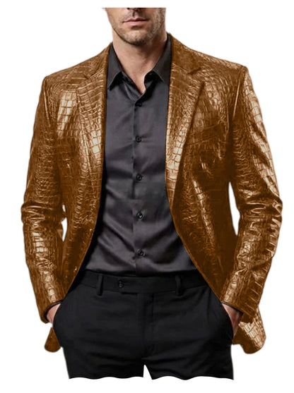 Men Crocodile Texture Leather Blazer Notched Lapel Slim Fit Single Breasted Suit Jacket Nightclub Party Business Outer Coat