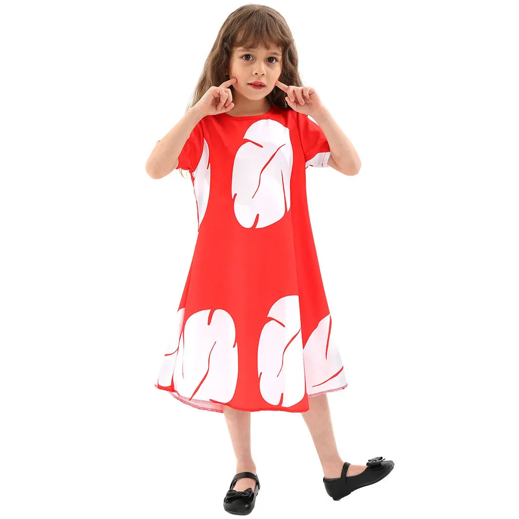 Costume Girl Cosplay Red Dress Short Sleeve Pajamas Hawaiian Printed Dress Summer Beach Outfit + Stitch Doll Set