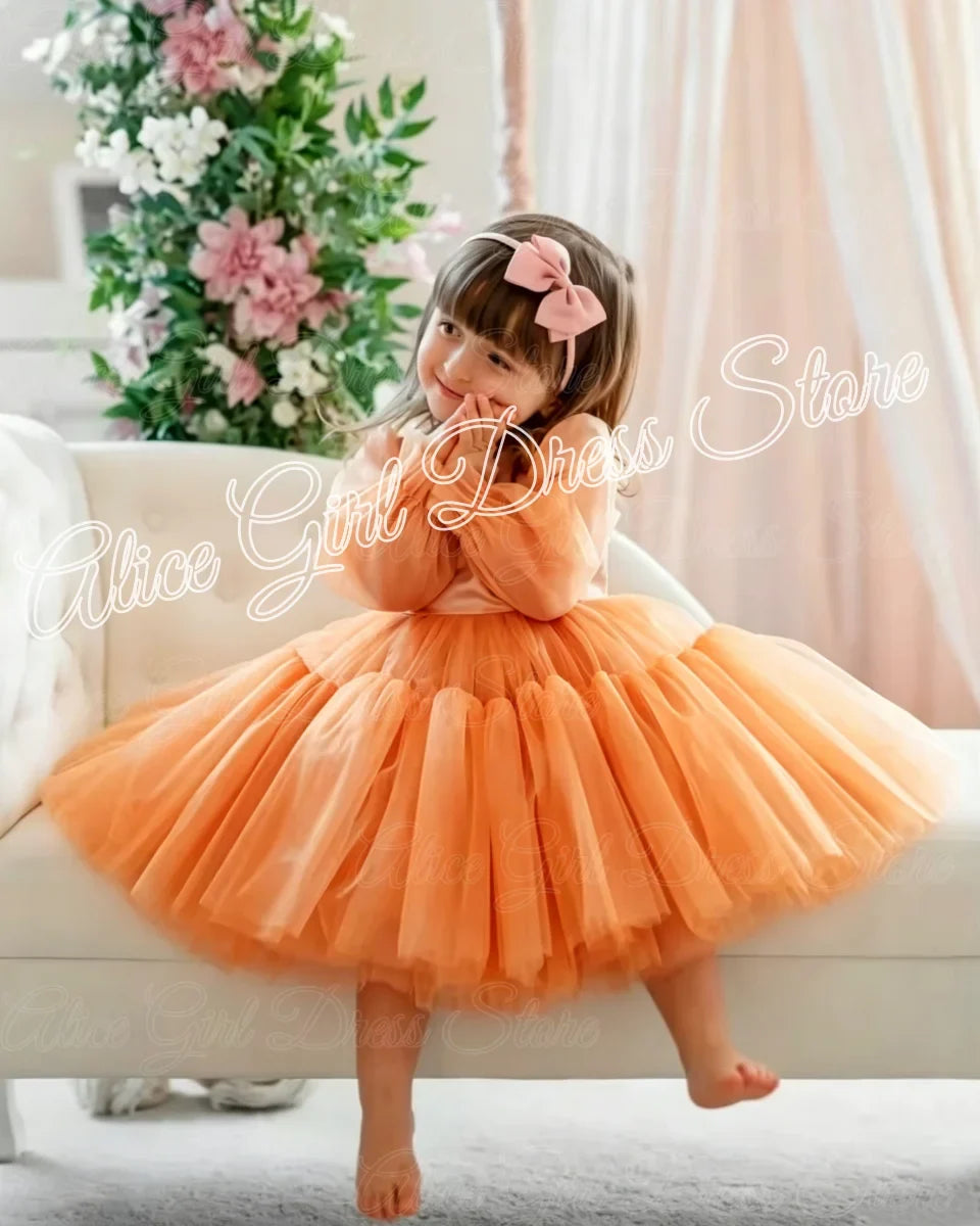 Customized Lovely Pink Flower Girl Dress For Wedding Puffy Knee Length Kids Birthday Party First Communion Ball Gowns