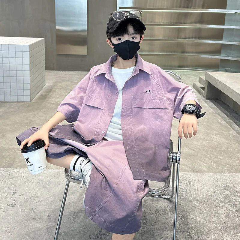 Fashion Kids Clothing Set Shirt Shorts Summer Suit for Teenage Boy Loose Casual Gradient Color Clothes Set Child Luxury Outfit