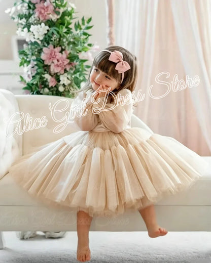 Customized Lovely Pink Flower Girl Dress For Wedding Puffy Knee Length Kids Birthday Party First Communion Ball Gowns