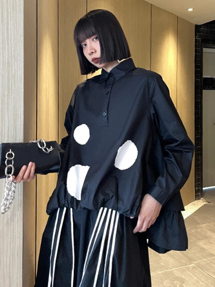 Women Black Color-block Dot Big Size Blouse New Lapel Long Sleeve Large Hem Shirt Fashion Tide Spring Autumn 2026 1DH4274