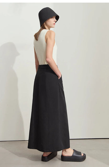 Minimalism 2025 New Long Skirts For Women Summer Vocation Black Pleated Elegant Office Lady Commuting Loose Skirt 12542102