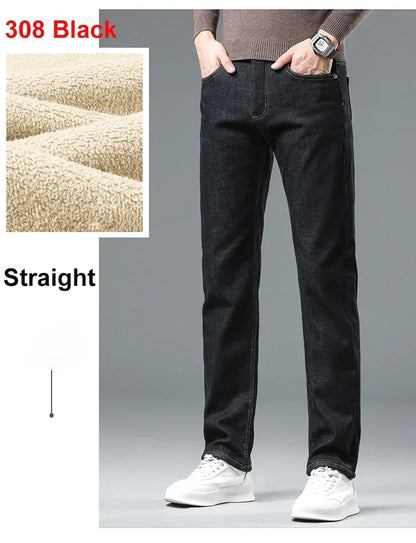 Winter Warm Fleece Jeans Men 2023 Straight Stretch Thick Casual Thermal Denim Pants Male Business Work Trousers New Men Clothing