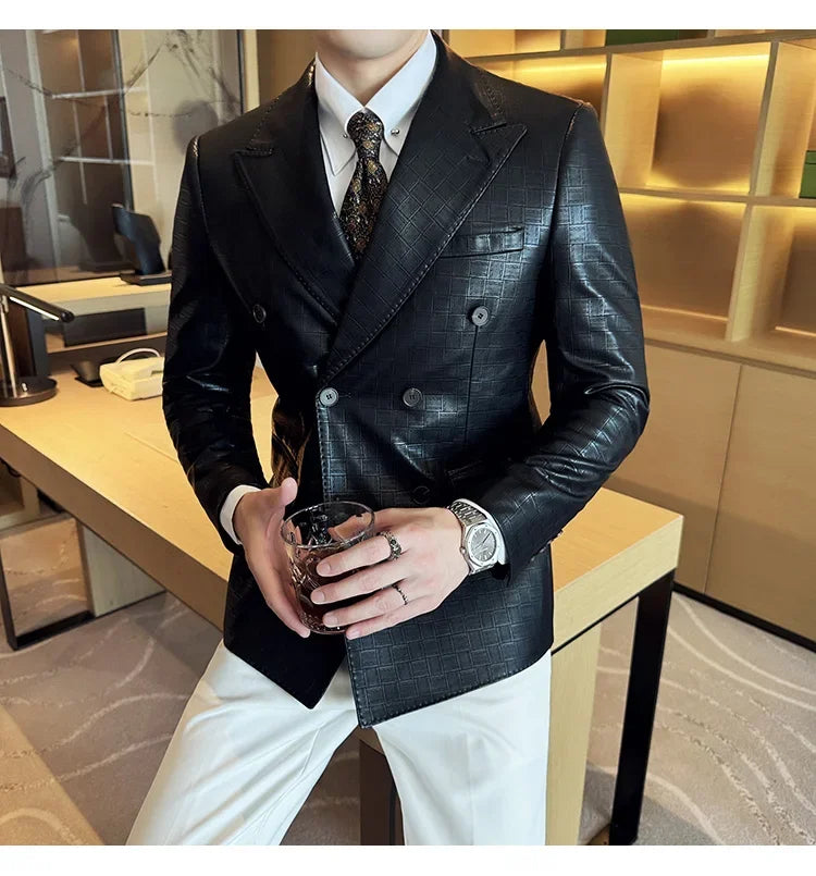 High Quality Square Grid Double Breasted Leather Jacket Fashion Business Slim Fit Casual Men Suit Blazer Tuxedos Men Clothing