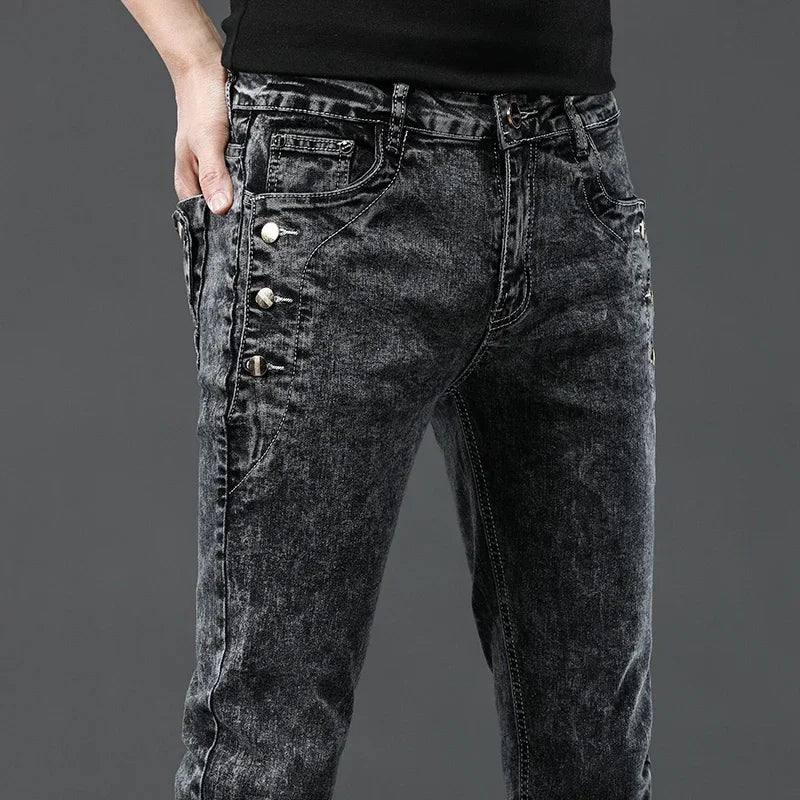 Men's Vintage Jeans Designer Korean Fashion Snowflake Wash Stretch Straight Pencil Pants Classic Slim Male Denim Trousers