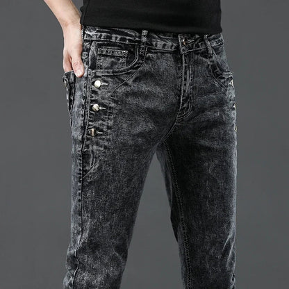 Men's Vintage Jeans Designer Korean Fashion Snowflake Wash Stretch Straight Pencil Pants Classic Slim Male Denim Trousers