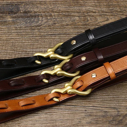 2.0 CM Ladies Pure Cowhide High Quality Genuine Leather Hook Belts for Women Brand Strap Brass Buckle Jeans Cowboy Thin Belt