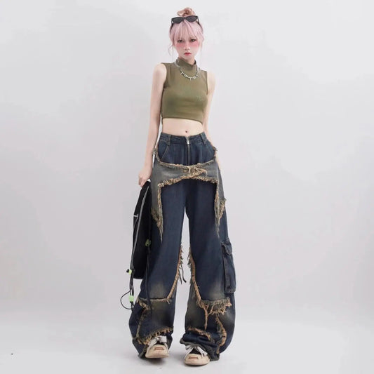 New American Vintage Washed Five-Point Star Frayed Hem Jeans for Women High Street Niche Oversized Straight Leg Long Pants
