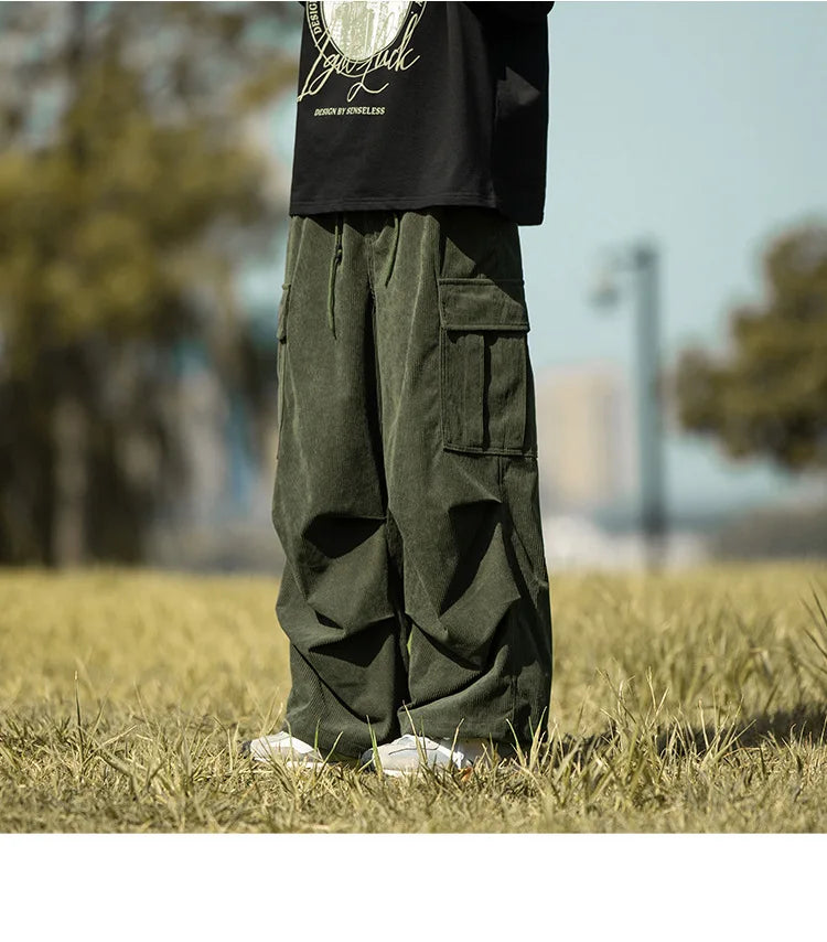 2025 autumn and winter new retro brown corduroy multi pocket workwear pants for men, loose drawstring elastic waist pants