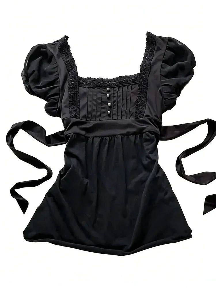 Y2K Gothic Aesthetic Top Square Neck Women's Retro Harajuku Fashion Casual Fairy Style Sweet and Cute Emotional Girl