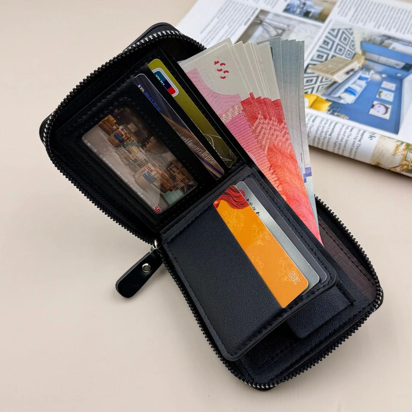 Men’s Leather Zipper Wallet Large Capacity Multi-card Holder Wallets Coin Cash Purse with ID Window