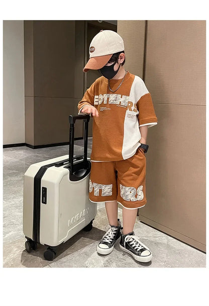 Summer Boys Contrast Patchwork Alphabet Waffle Tee Tops+Shorts Pant School Kids Tracksuit Child 2PCS Outfit Workout Set 5-16 Yr