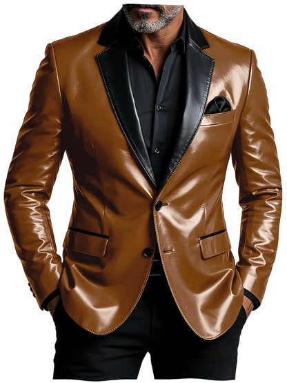 Men's Shiny Patent Leather Blazer Contrast Notch Lapel Two Button Suit Jacket Luxury Casual Business Formal Coat Party Wedding