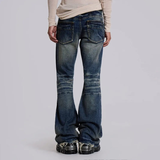 Y2K Vintage Flared Jeans Mid Blue Washed Men Women Bootcut Jeans American Hip Hop Distressed Streetwear Unisex Wide Leg Pants