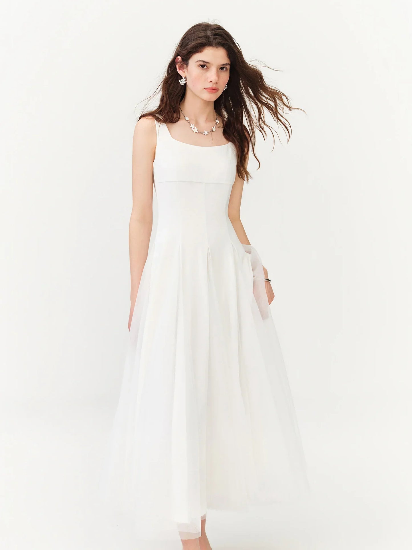 2026 Summer Women‘s Square Neck Tulle A-Line Maxi Dress Vest Collar Flowy Long Dress for Romantic Coquette Summer Style