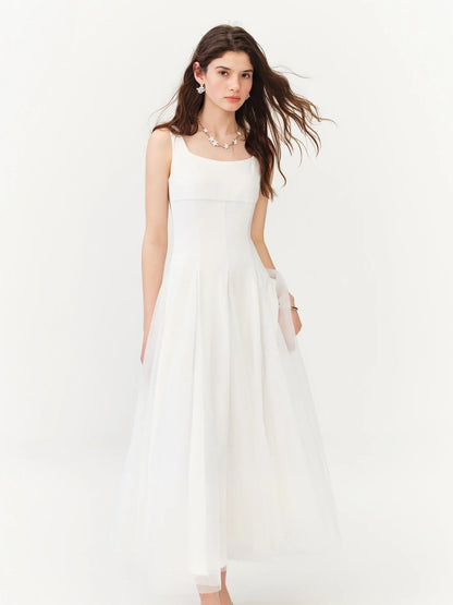 2026 Summer Women‘s Square Neck Tulle A-Line Maxi Dress Vest Collar Flowy Long Dress for Romantic Coquette Summer Style