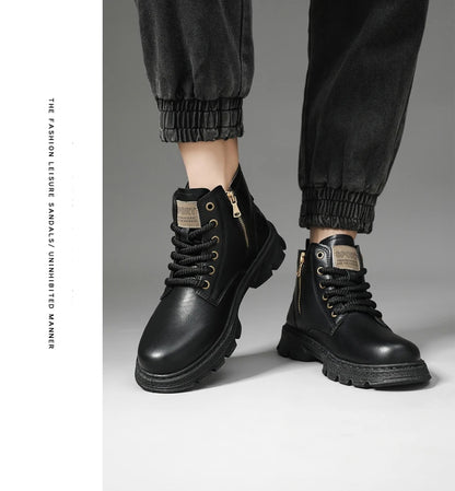 New MEN'S BOOTS with Retro Style Leather Boots, Thick Soles, Wear-resistant MEN'S High Top Casual Shoes, Side Zippers